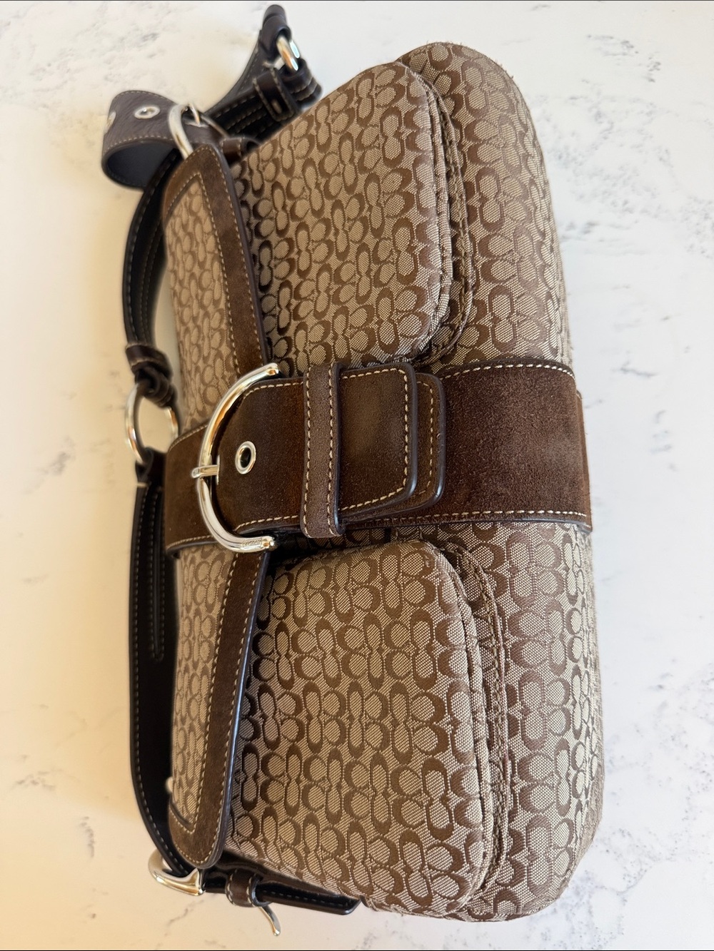 Vintage Coach Monogram Canvas With Brown Suede Soho Flap Signature Shoulder Bag - Picture 15 of 15